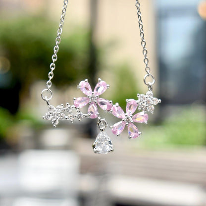 Double Sakura Charm Necklace - Pink Crystal Flower Stainless Steel