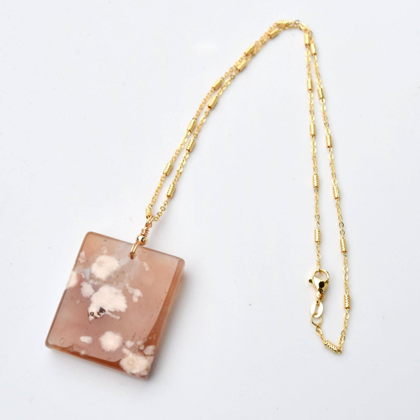 Sakura Agate Rectangle Oval Pendant Necklace- Peace Plate Pendant 無事牌 - Stainless Steel Chain