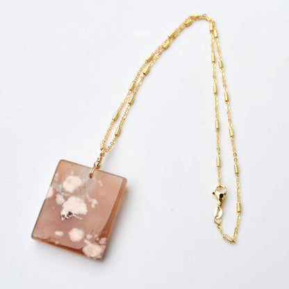Sakura Agate Rectangle Oval Pendant Necklace- Peace Plate Pendant 無事牌 - Stainless Steel Chain