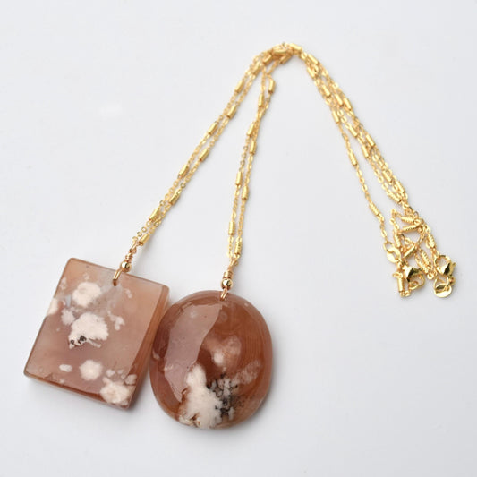 Sakura Agate Rectangle Oval Pendant Necklace- Peace Plate Pendant 無事牌 - Stainless Steel Chain