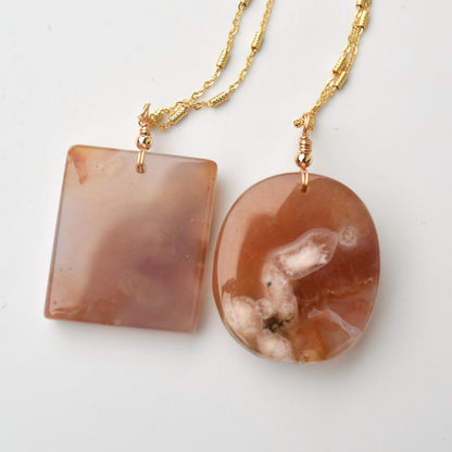 Sakura Agate Rectangle Oval Pendant Necklace- Peace Plate Pendant 無事牌 - Stainless Steel Chain