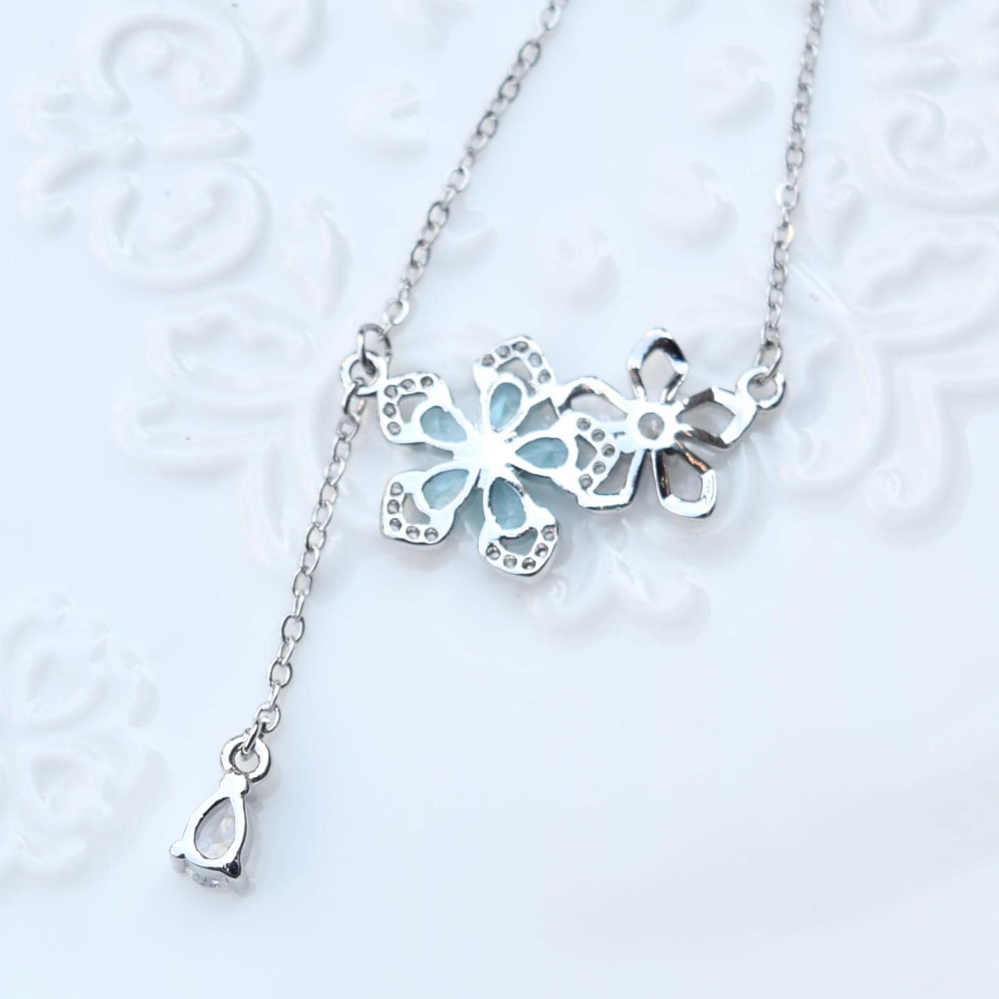 Blue Crystal Flower Charm Silver Necklace - Stainless Steel