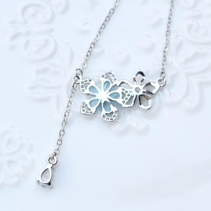 Blue Crystal Flower Charm Silver Necklace - Stainless Steel