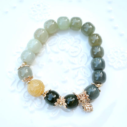Green Yellow Lotus Jade Beaded Bracelet