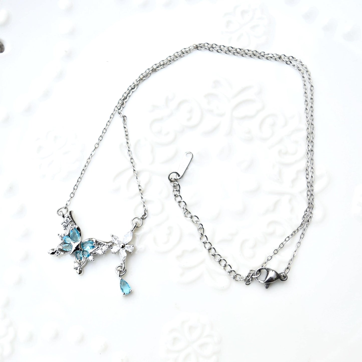 Blue Crystal Butterfly Necklace - Stainless Steel Necklace