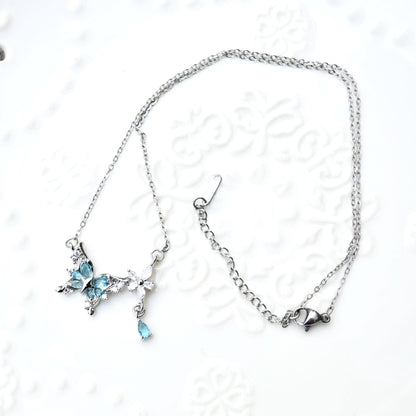Blue Crystal Butterfly Necklace - Stainless Steel Necklace