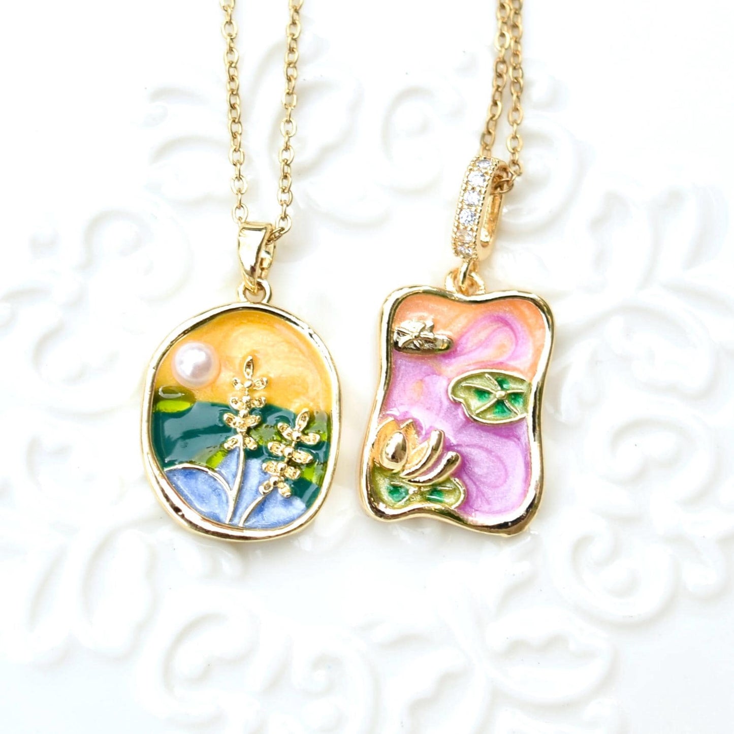 Enamel Pearl Wheat Lotus Charm Necklace - Vintage Style