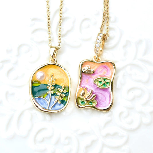 Enamel Pearl Wheat Lotus Charm Necklace - Vintage Style