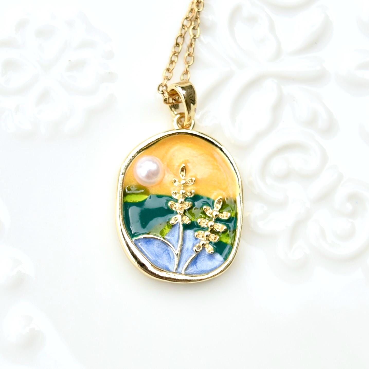 Enamel Pearl Wheat Lotus Charm Necklace - Vintage Style