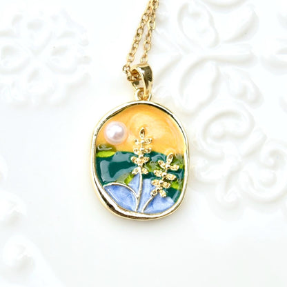 Enamel Pearl Wheat Lotus Charm Necklace - Vintage Style