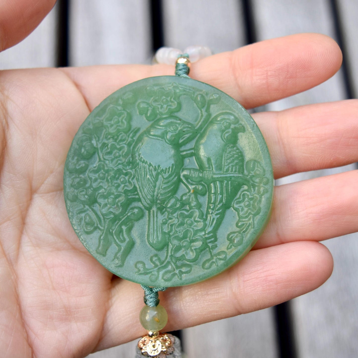 Couple Birds Pendant Necklace - Green Aventurine Clear Quartz Beaded