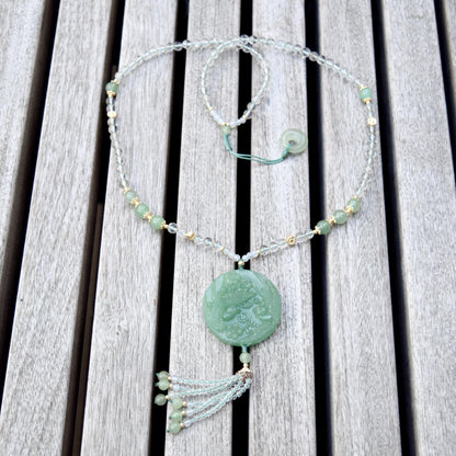 Couple Birds Pendant Necklace - Green Aventurine Clear Quartz Beaded