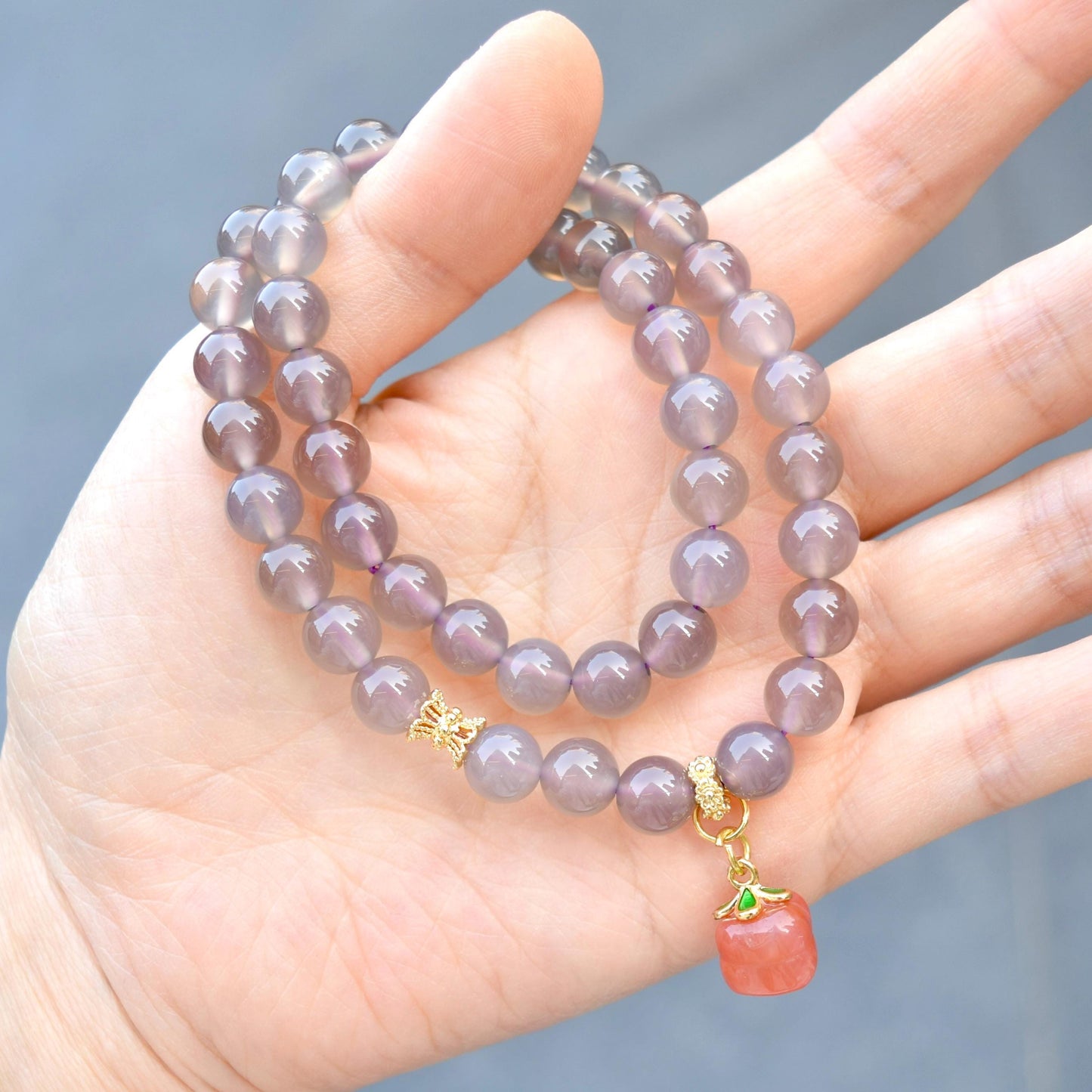 8 mm Gray Purple Agate Beaded 2 Wraps Bracelet - Persimmon Charm