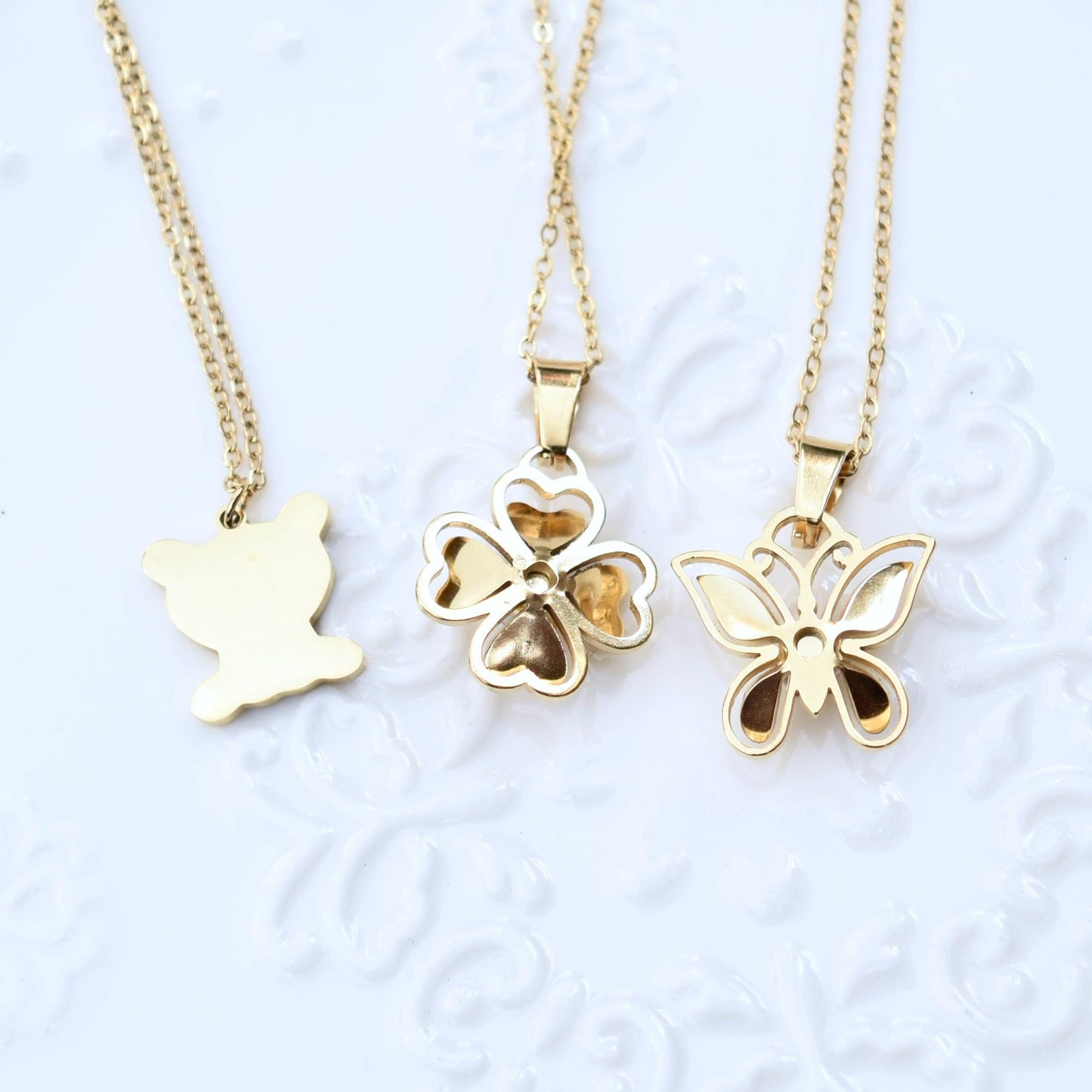 Golden Matte Charm Necklace - Bear Butterfly Clover - Cubic Zirconia Stainless Steel Necklace
