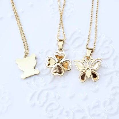 Golden Matte Charm Necklace - Bear Butterfly Clover - Cubic Zirconia Stainless Steel Necklace