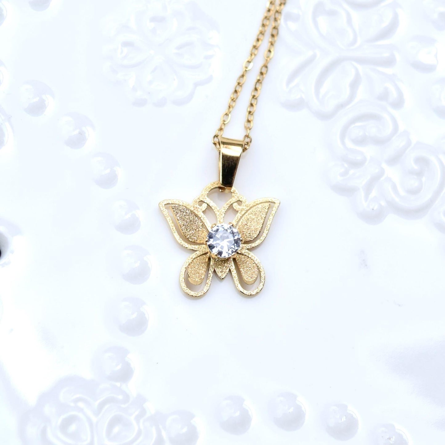 Golden Matte Charm Necklace - Bear Butterfly Clover - Cubic Zirconia Stainless Steel Necklace