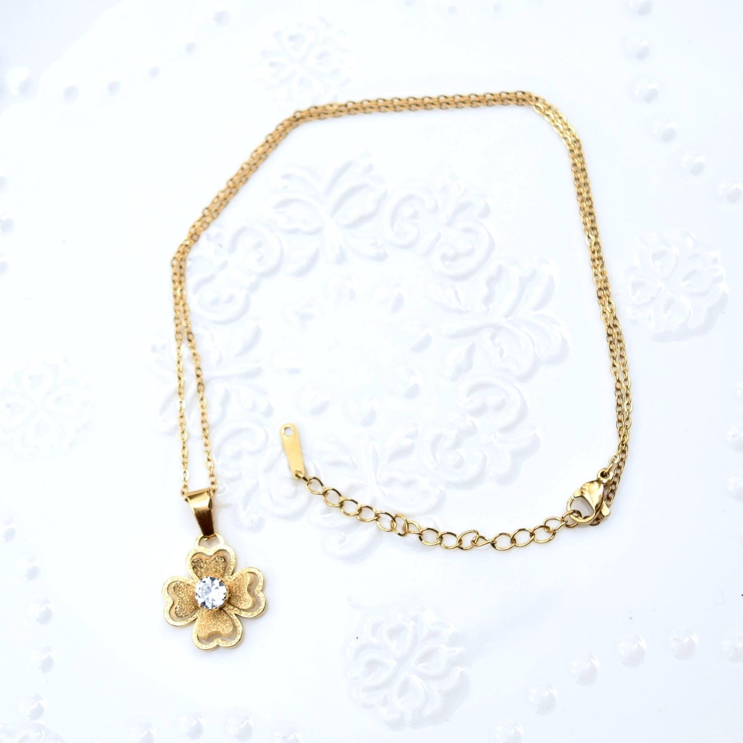 Golden Matte Charm Necklace - Bear Butterfly Clover - Cubic Zirconia Stainless Steel Necklace