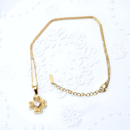 Golden Matte Charm Necklace - Bear Butterfly Clover - Cubic Zirconia Stainless Steel Necklace