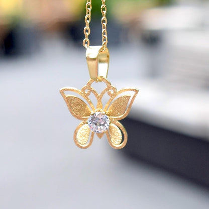 Golden Matte Charm Necklace - Bear Butterfly Clover - Cubic Zirconia Stainless Steel Necklace