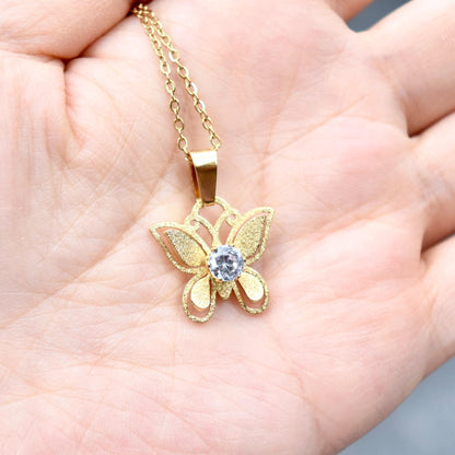 Golden Matte Charm Necklace - Bear Butterfly Clover - Cubic Zirconia Stainless Steel Necklace