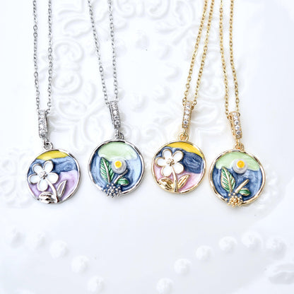 Enamel Pearl Flower Charm Necklace - Vintage Style Oil Dripping