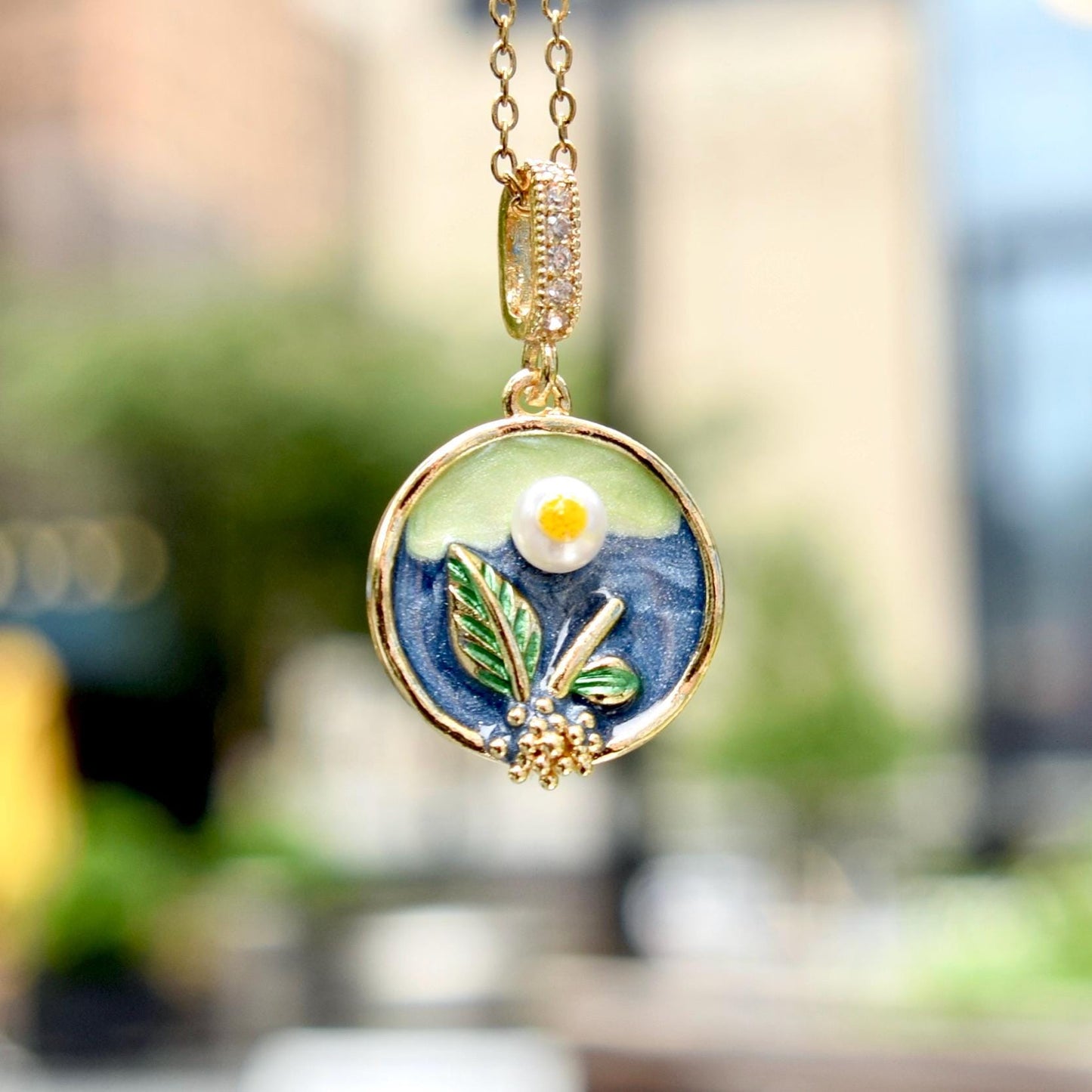 Enamel Pearl Flower Charm Necklace - Vintage Style Oil Dripping