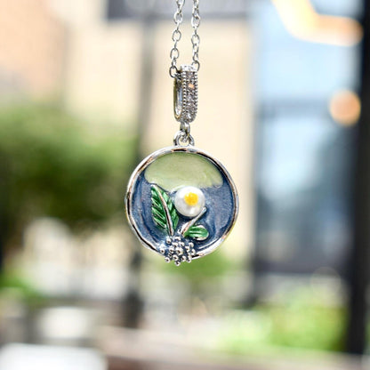 Enamel Pearl Flower Charm Necklace - Vintage Style Oil Dripping