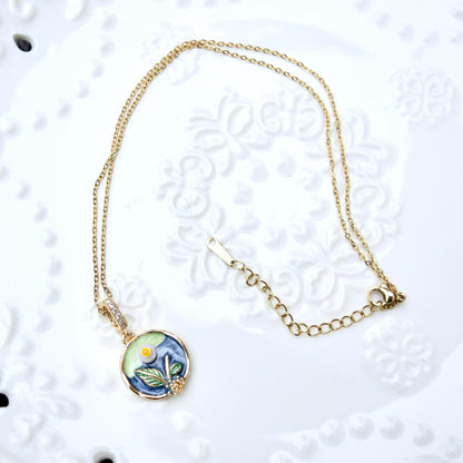 Enamel Pearl Flower Charm Necklace - Vintage Style Oil Dripping