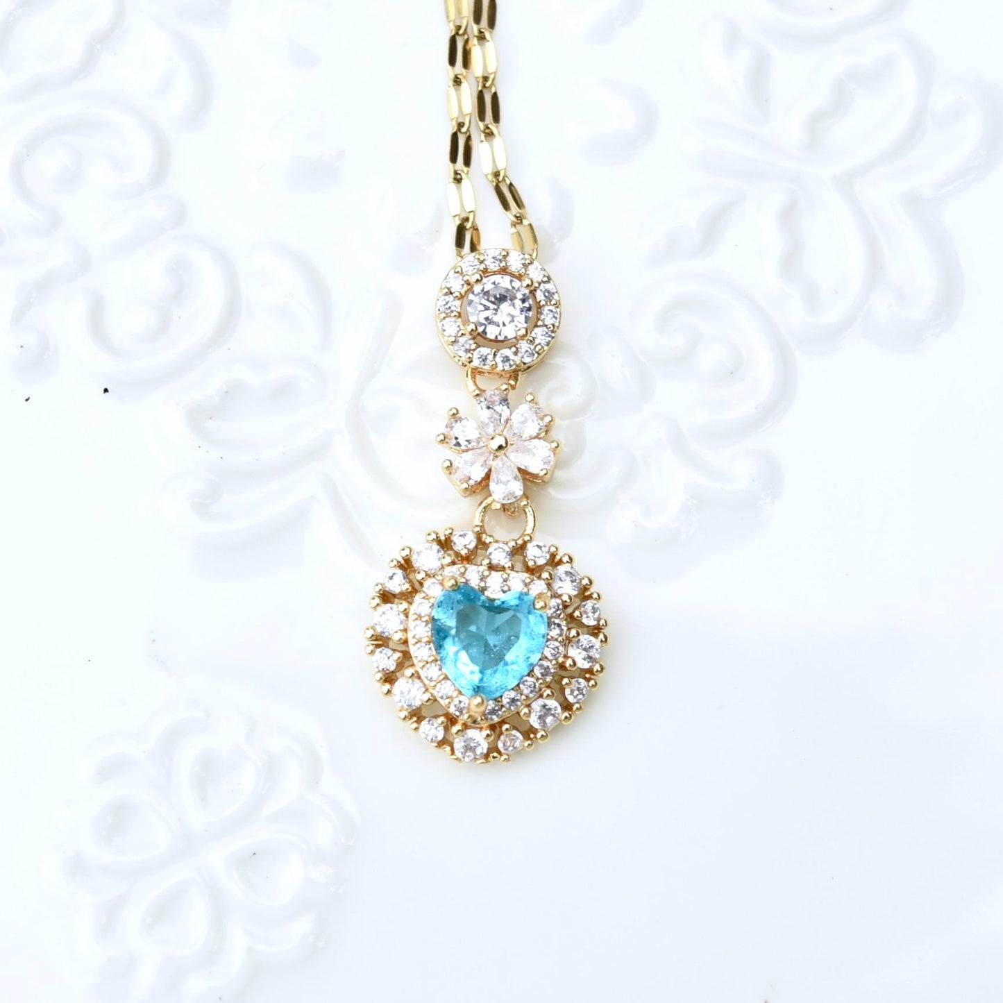 Blue Pink Crystals Pendant Necklace Bracelet - Stainless Steel Golden Neckalce