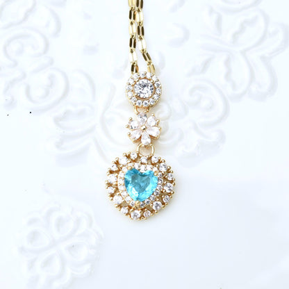 Blue Pink Crystals Pendant Necklace Bracelet - Stainless Steel Golden Neckalce