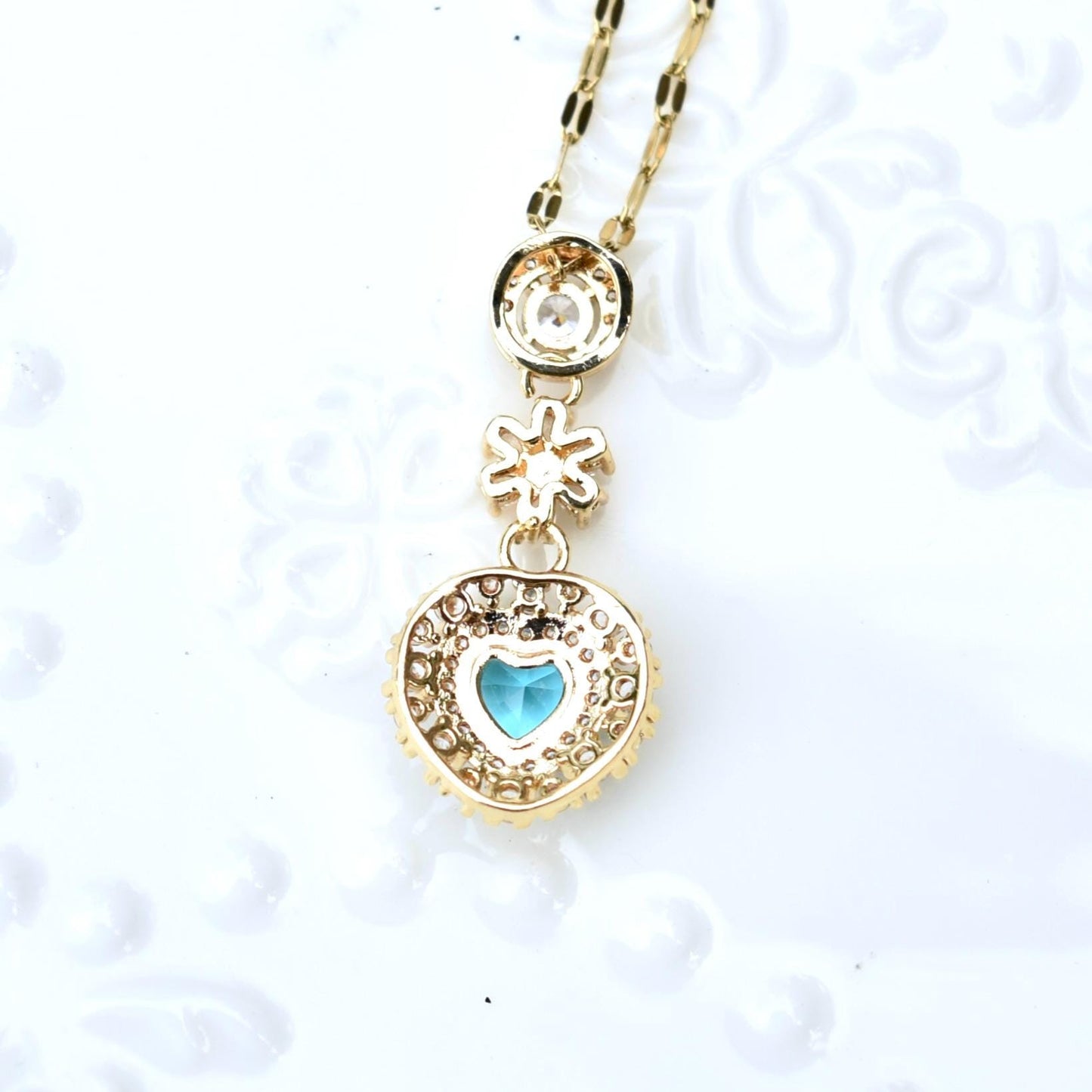 Blue Pink Crystals Pendant Necklace Bracelet - Stainless Steel Golden Neckalce