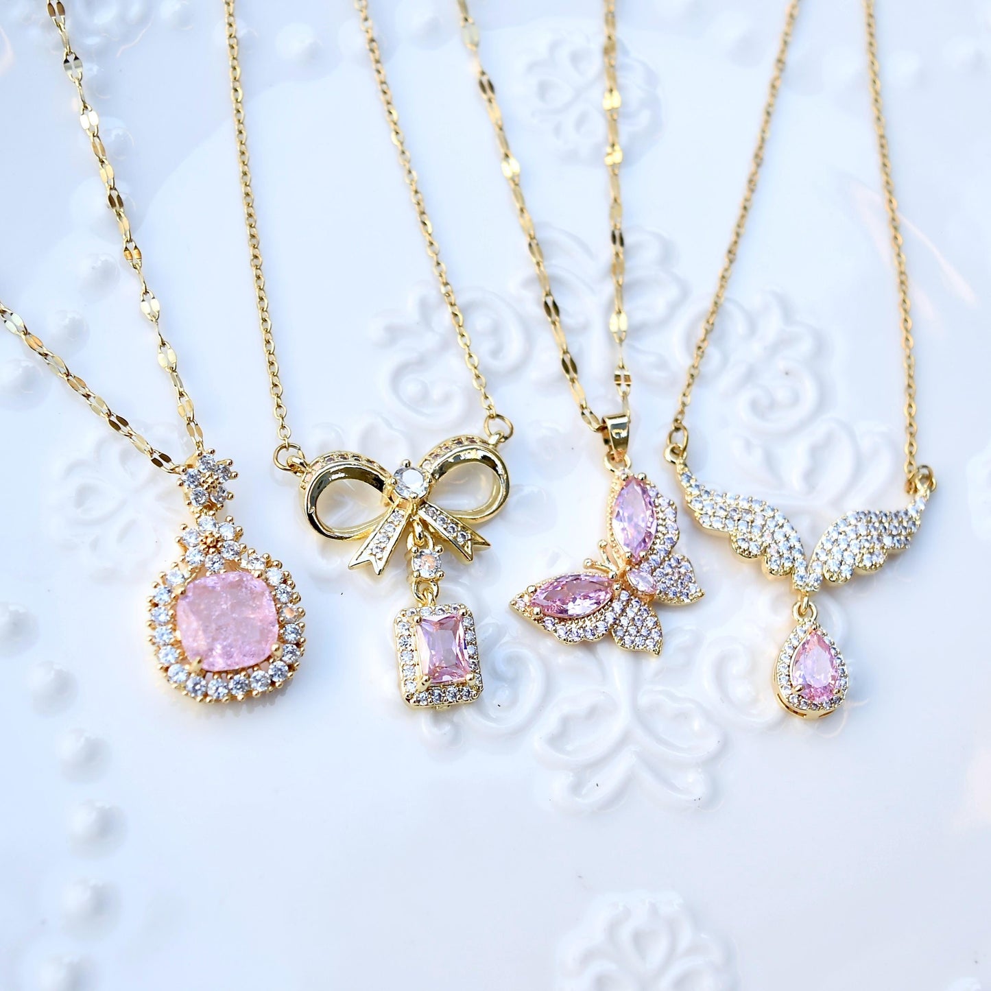 Pink Crystal Charm Princess Necklace - Square Bow Butterfly Wings Stainless Steel