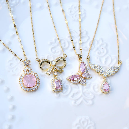 Pink Crystal Charm Princess Necklace - Square Bow Butterfly Wings Stainless Steel
