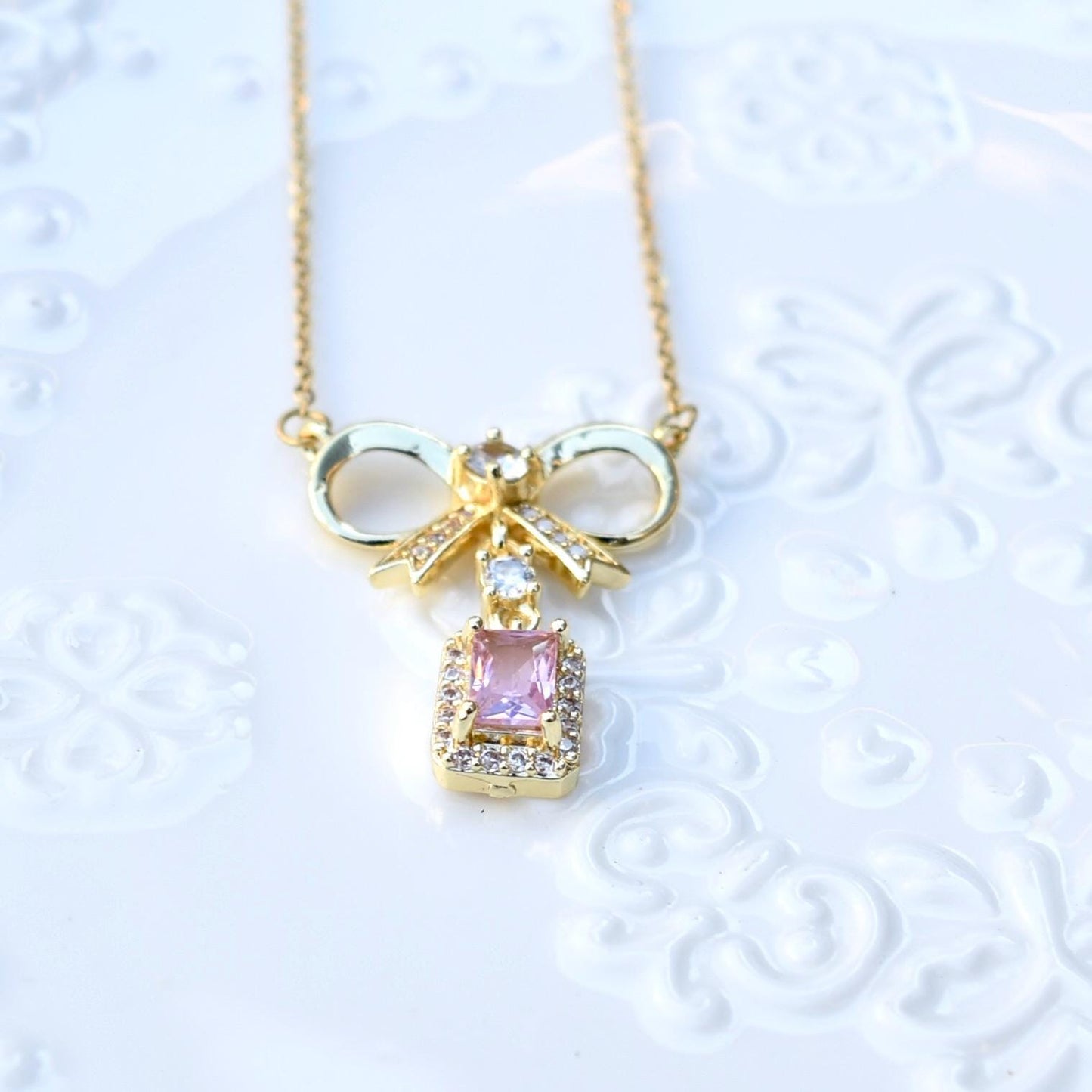 Pink Crystal Charm Princess Necklace - Square Bow Butterfly Wings Stainless Steel