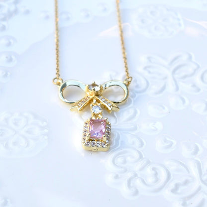 Pink Crystal Charm Princess Necklace - Square Bow Butterfly Wings Stainless Steel