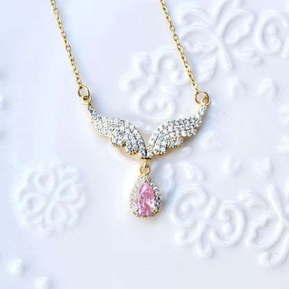 Pink Crystal Charm Princess Necklace - Square Bow Butterfly Wings Stainless Steel