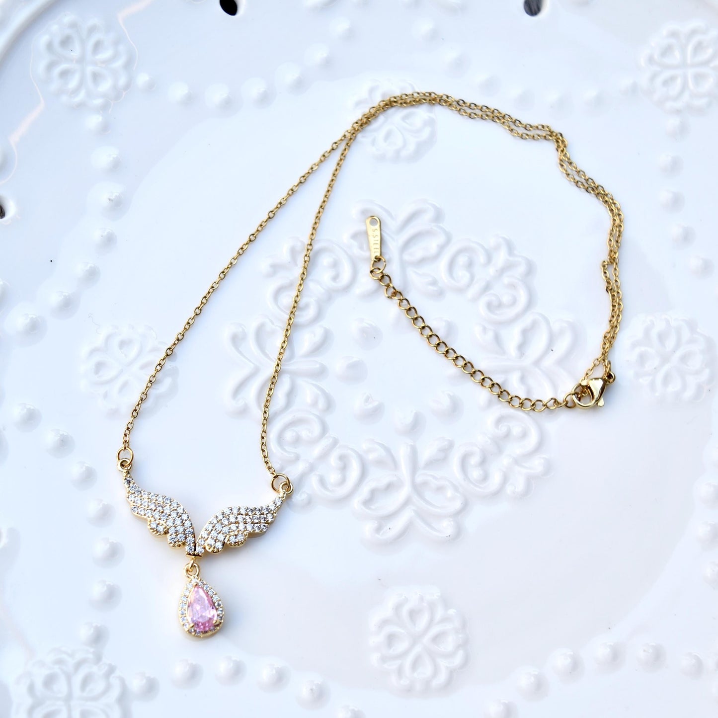 Pink Crystal Charm Princess Necklace - Square Bow Butterfly Wings Stainless Steel