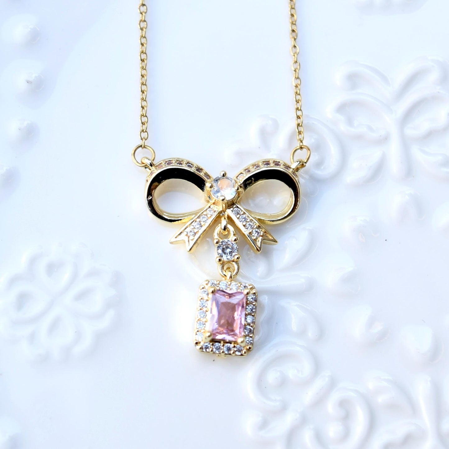 Pink Crystal Charm Princess Necklace - Square Bow Butterfly Wings Stainless Steel