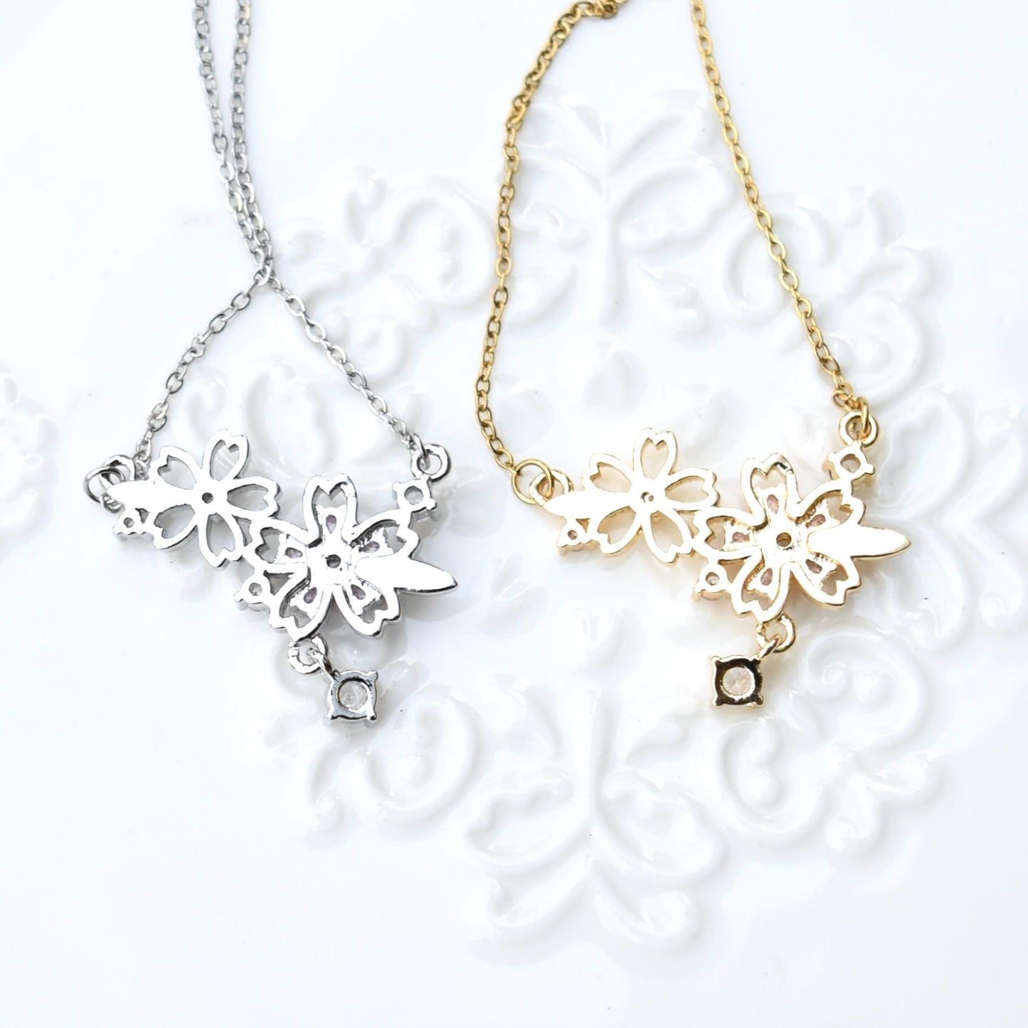 Double Sakura Charm Necklace - Pink Crystal Stainless Steel