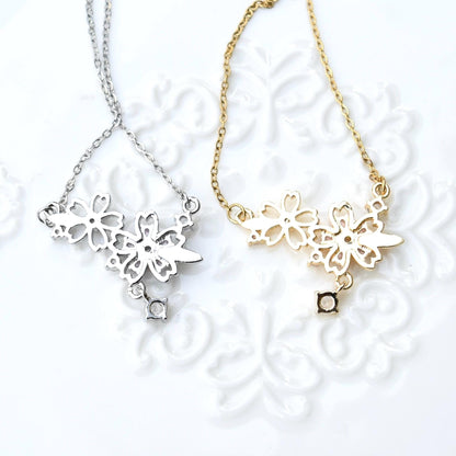 Double Sakura Charm Necklace - Pink Crystal Stainless Steel