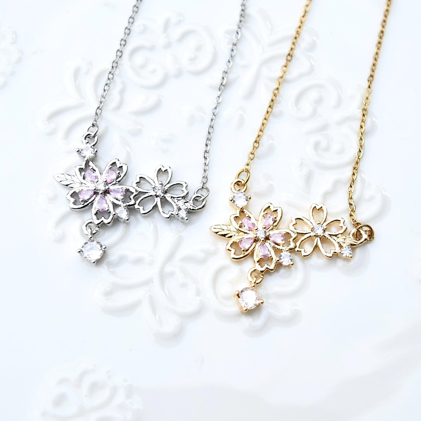 Double Sakura Charm Necklace - Pink Crystal Stainless Steel