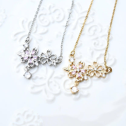 Double Sakura Charm Necklace - Pink Crystal Stainless Steel