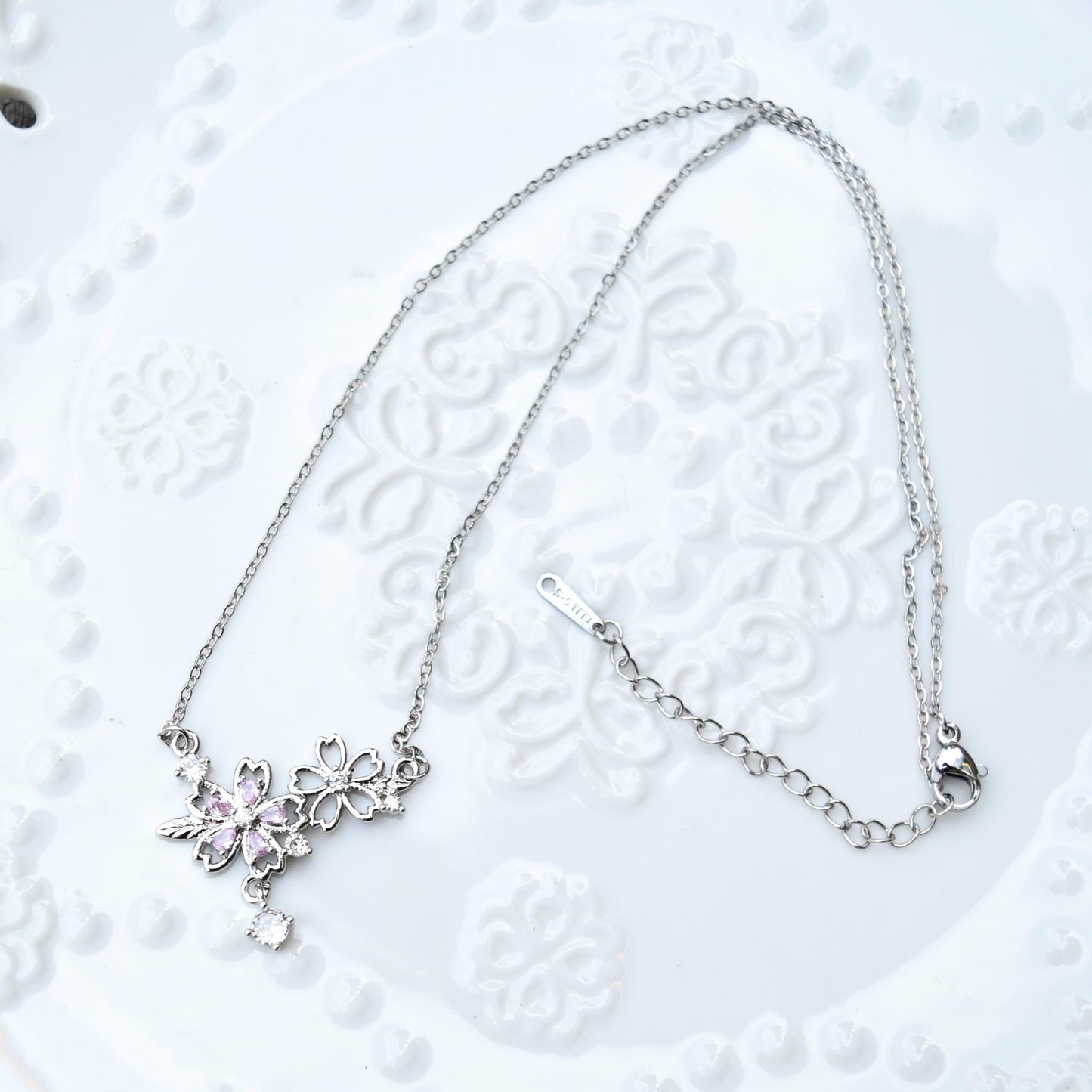Double Sakura Charm Necklace - Pink Crystal Stainless Steel