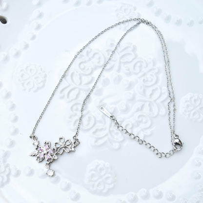 Double Sakura Charm Necklace - Pink Crystal Stainless Steel