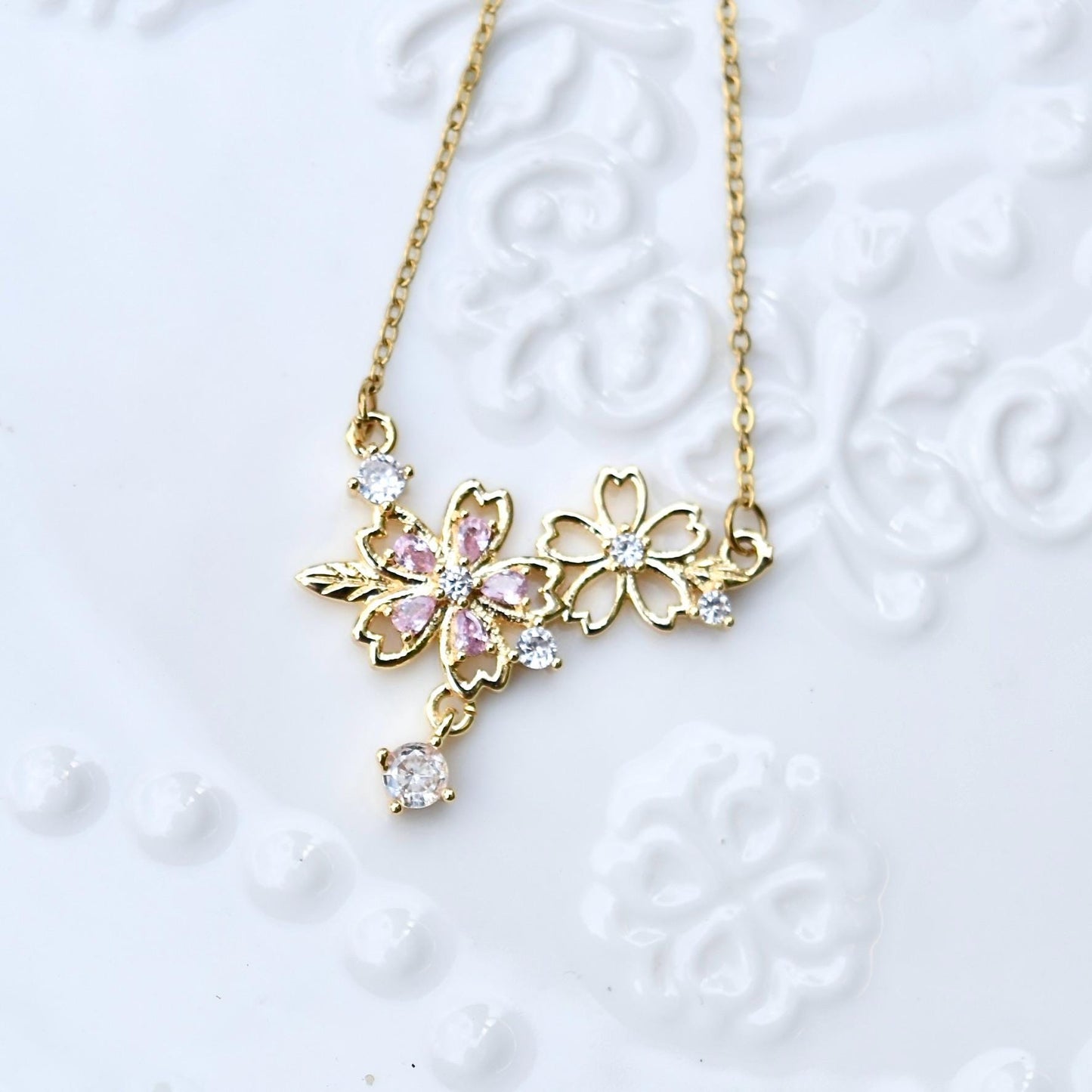 Double Sakura Charm Necklace - Pink Crystal Stainless Steel