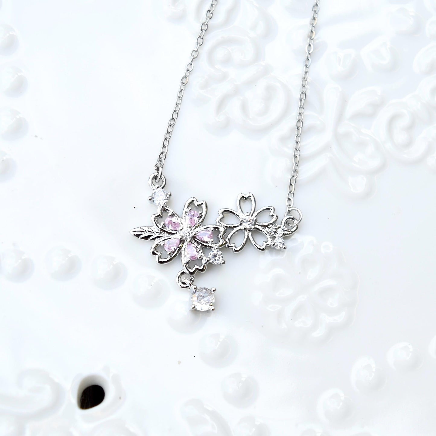 Double Sakura Charm Necklace - Pink Crystal Stainless Steel