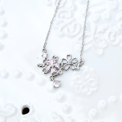 Double Sakura Charm Necklace - Pink Crystal Stainless Steel