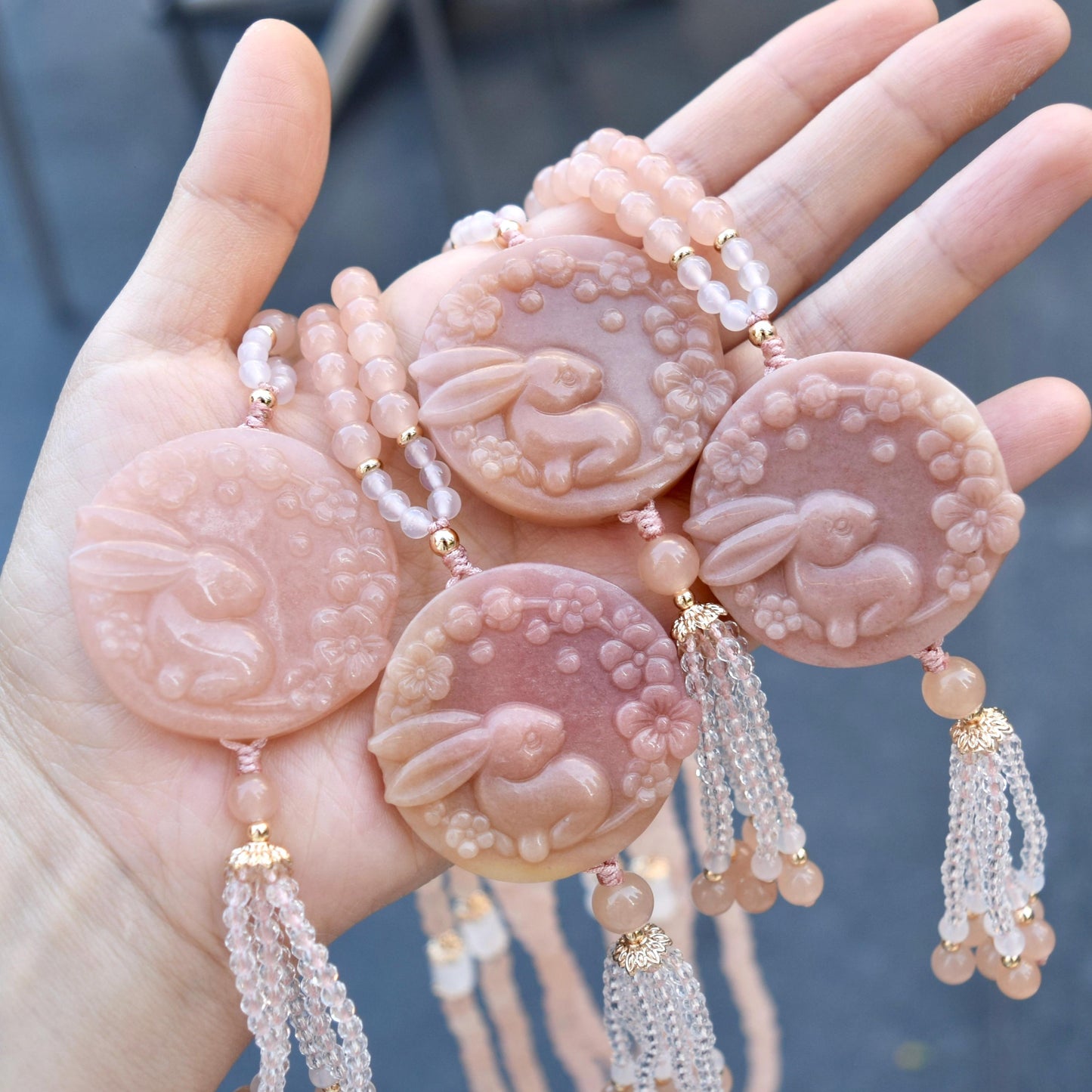 Flora Rabbit Necklace - Orange Quartz Jade Beaded Chain