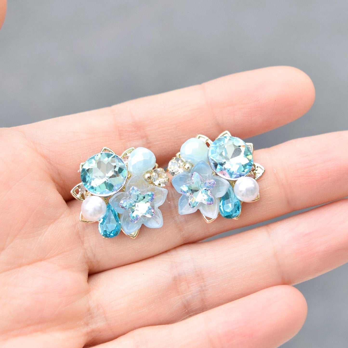 Pink Blue Crystals Flower Stud Earrings