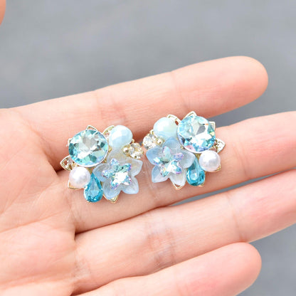 Pink Blue Crystals Flower Stud Earrings